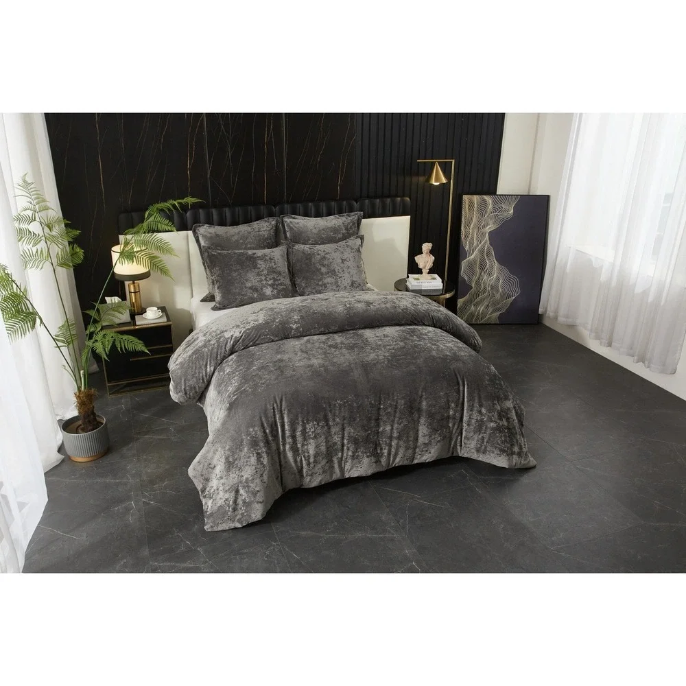 Zera Grey 100% Velvet 5 piece Comforter Set‎ Queen
